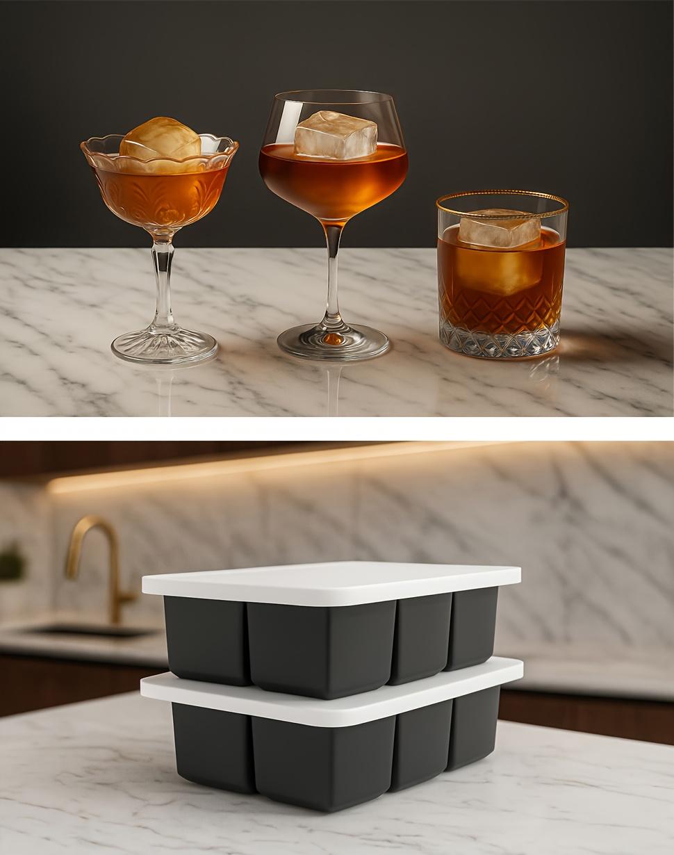 2PCS Pack Large Silicone Ice Cube Tray 2 Inch Square with Removable Lid 16 Large Whiskey Ice Cubes Easy Release Stackable Design for Cocktails Drinks