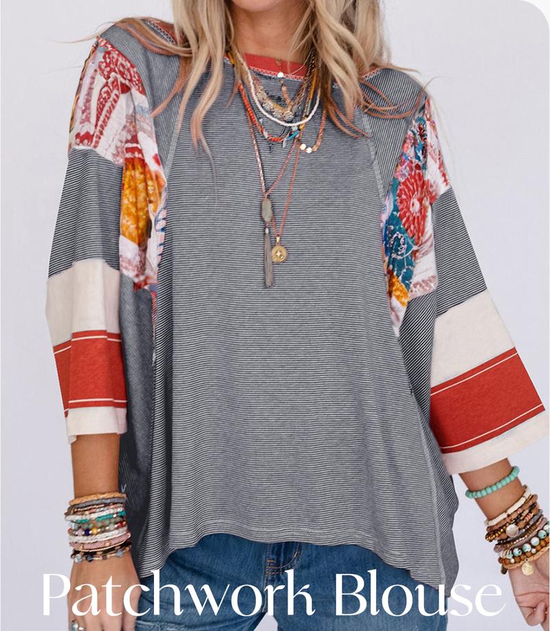 EVALESS Women's Oversized Graphic Print T Shirts Loose Fitted Crewneck 3/4 Batwing Sleeve Striped Patchwork Blouses 2026 Casual Summer Springtok Outfits