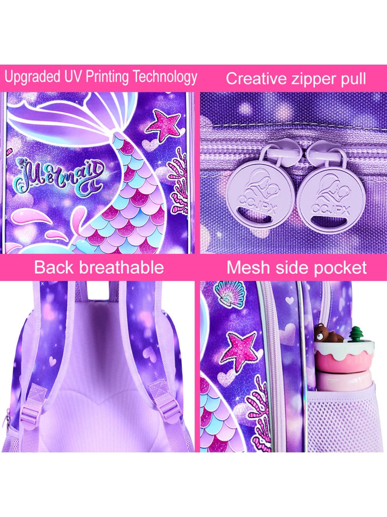 3Pcs Mermaid Backpack for Girls, 16" Kids Fishtail Bookbag with Lunch Box, Cute Schoolbag for Preschool Kindergarten Toddler(Rainbow)