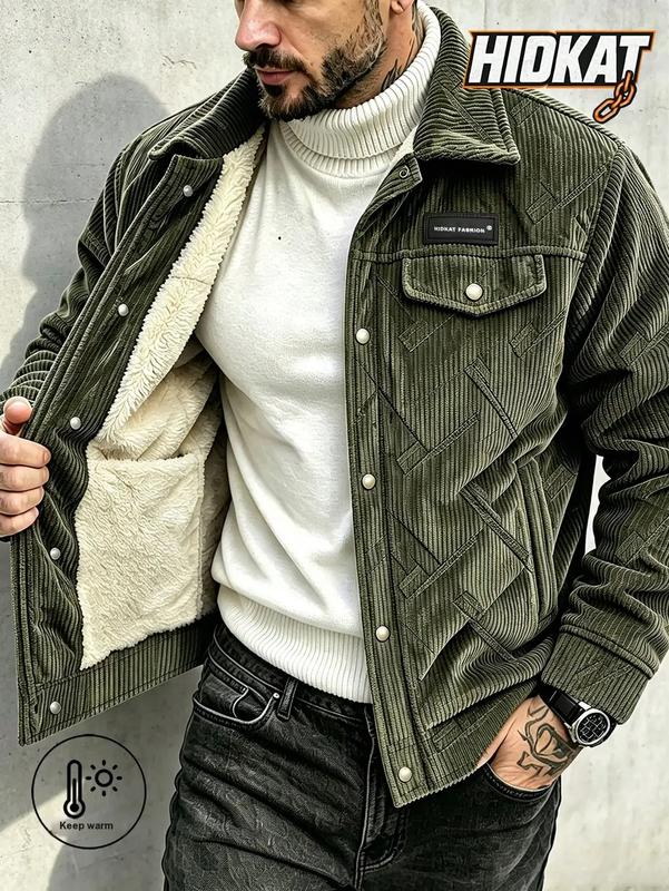 Men's Corduroy Lined Trucker Jacket, Quilted Insulated Winter Coat, Button Collar Casual Work Jacket, Multi Pocket Thick Warm Outerwear, Ideal for Cold Weather, Autumn & Winter Daily Street Wear