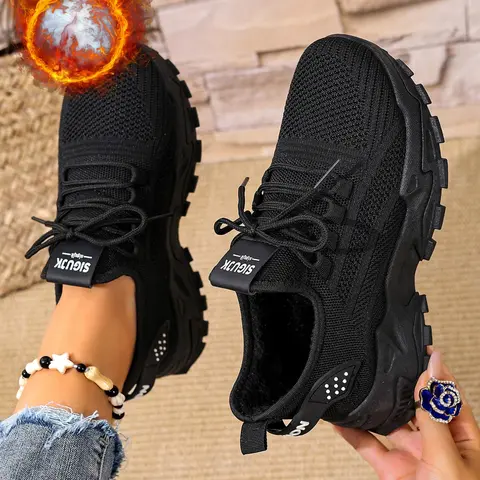 High-Quality Women's Breathable Knit Fleece Lined Sneakers, Winter Fashion Casual Lightweight Soft Sole Walking Shoes, Jogging Walking Shoes, Outdoor Comfort Low Top Running Shoes, Knitted Running Shoes, Sports Shoe