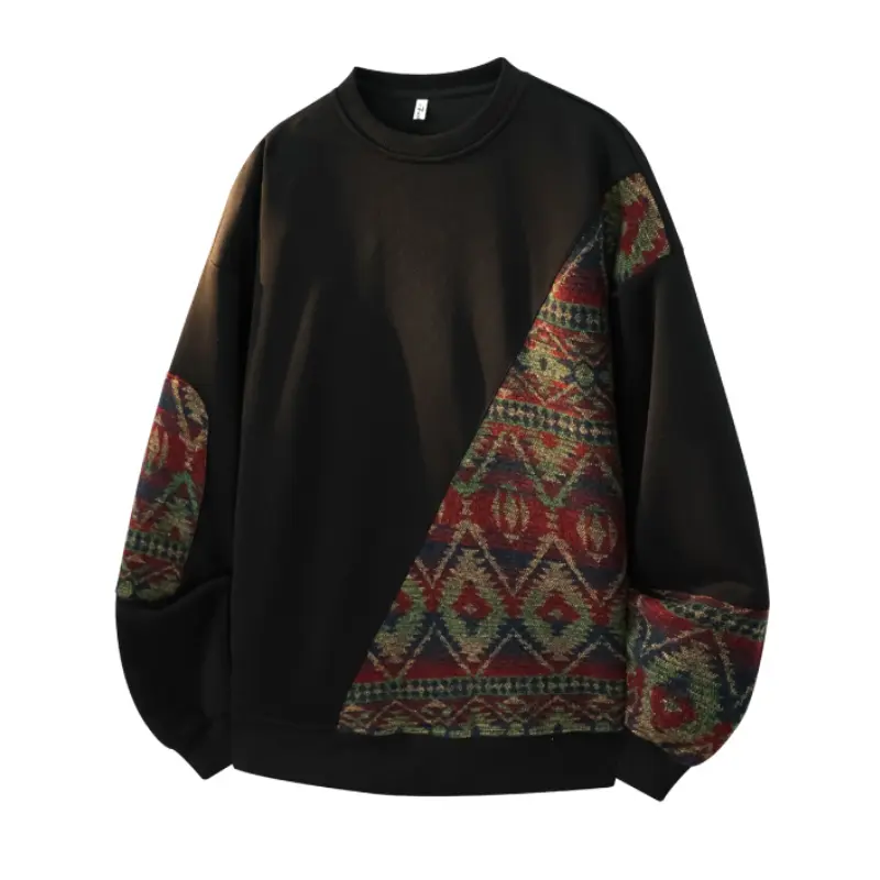 Men’s Round Neck Long-Sleeve Sweatshirt - Menswear, Ethnic Geometric Pattern Patchwork Pullover, Vintage Tribal Print Spliced Top, Casual Autumn Winter Outfit (Foldable, Cold Wash Compatible), Longsleeves, Cotton Blend