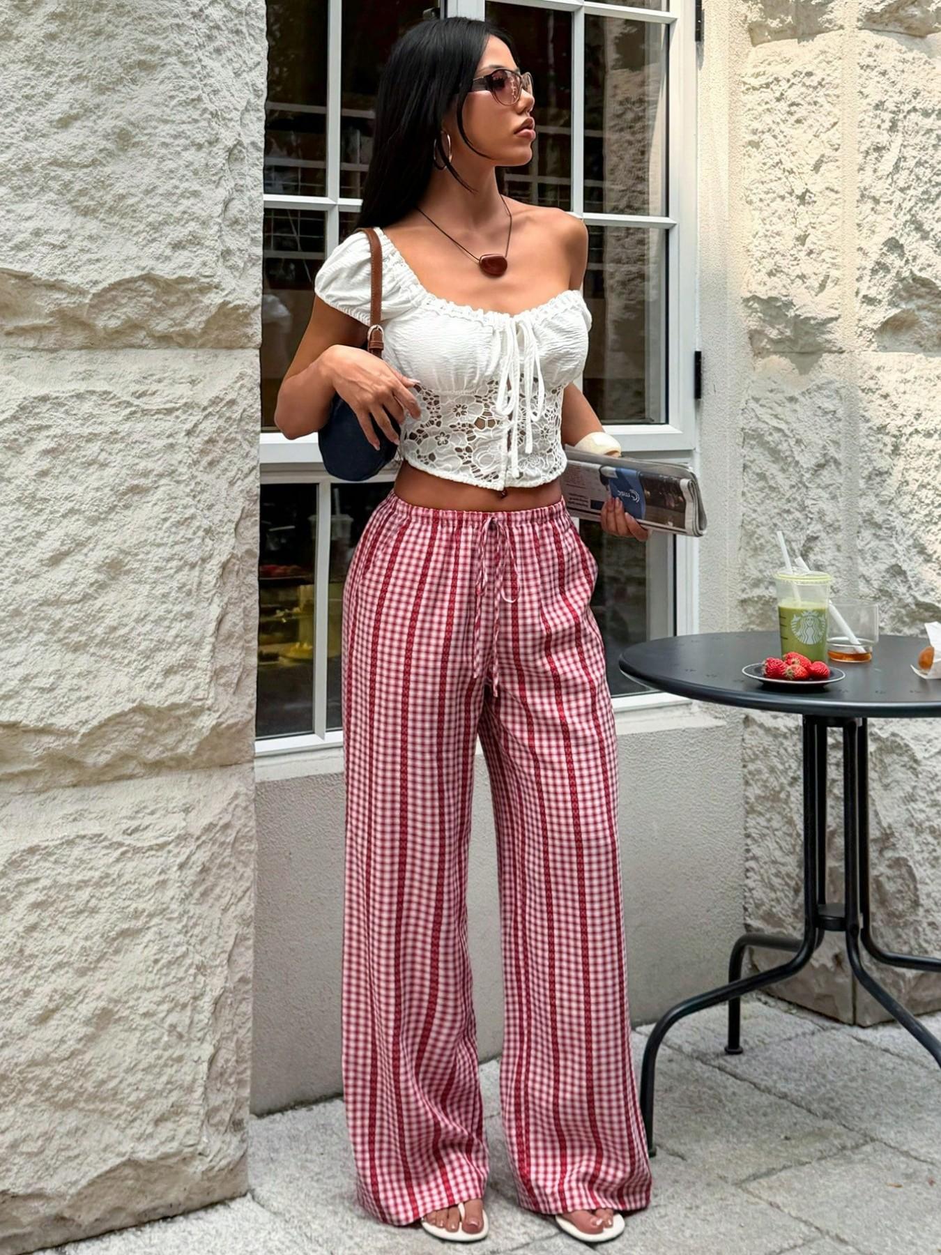 Women'S Red White Gingham Drawstring Elastic Adjustable Waist Wide Leg Casual Pants, Loose Lightweight Soft Breathable Plaid Trousers, Y2K Cute Summer Beach Bottoms For Daily Shopping Coffee Date Outdoor Walk Street Outfit