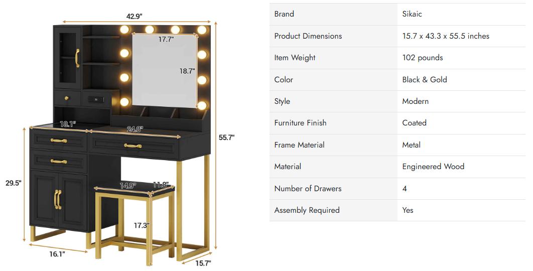 Sikaic Glass Top Makeup Vanity Set with Bench Lighted Mirror Charging Station Furniture Cosmetic Storage Drawer Modern Organization Aesthetic Design Minimal