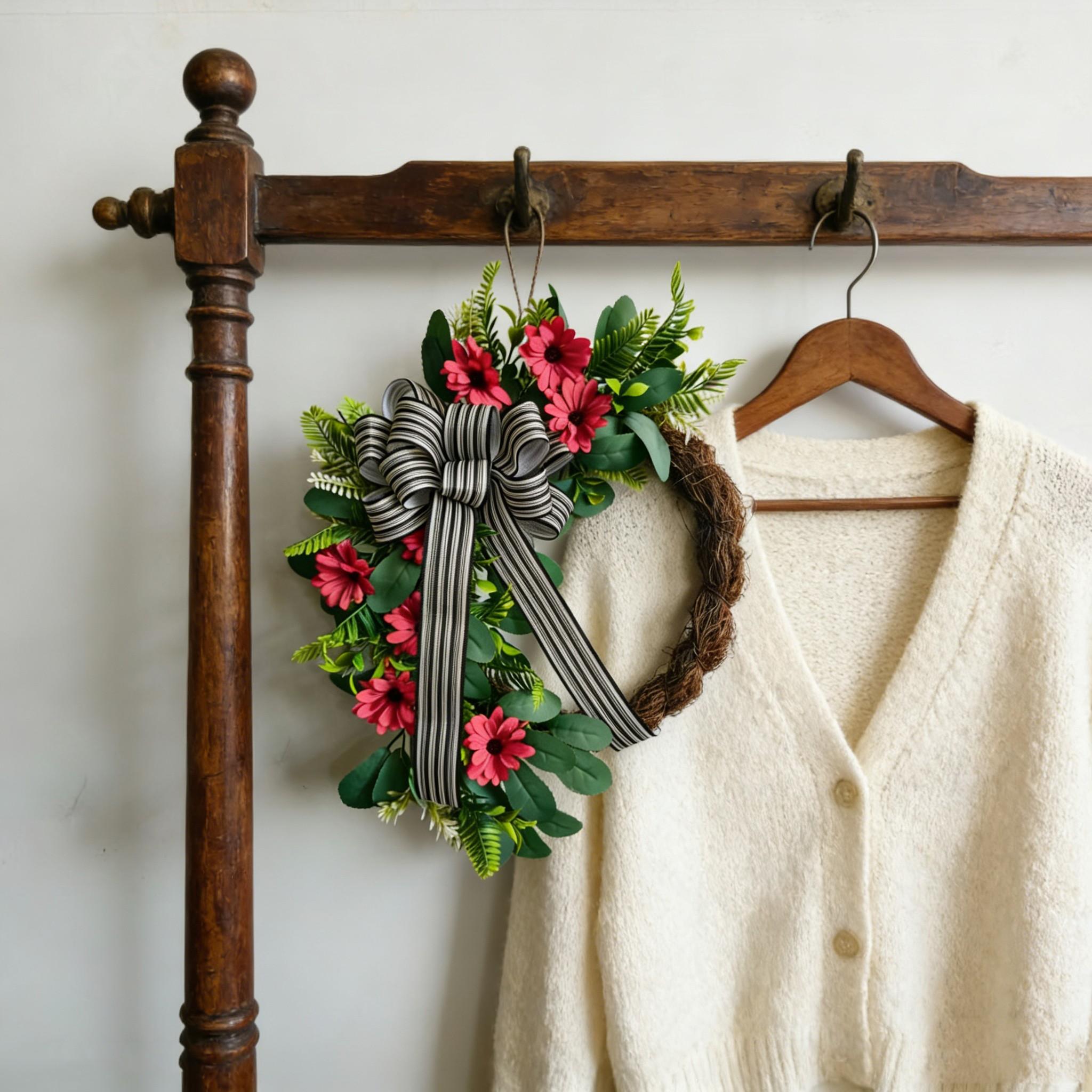 Vibrant Daisy Wreath with Lush Greenery and Striped Bow, Ideal for Porch and Entryway Decor, Perfect for Spring and Summer