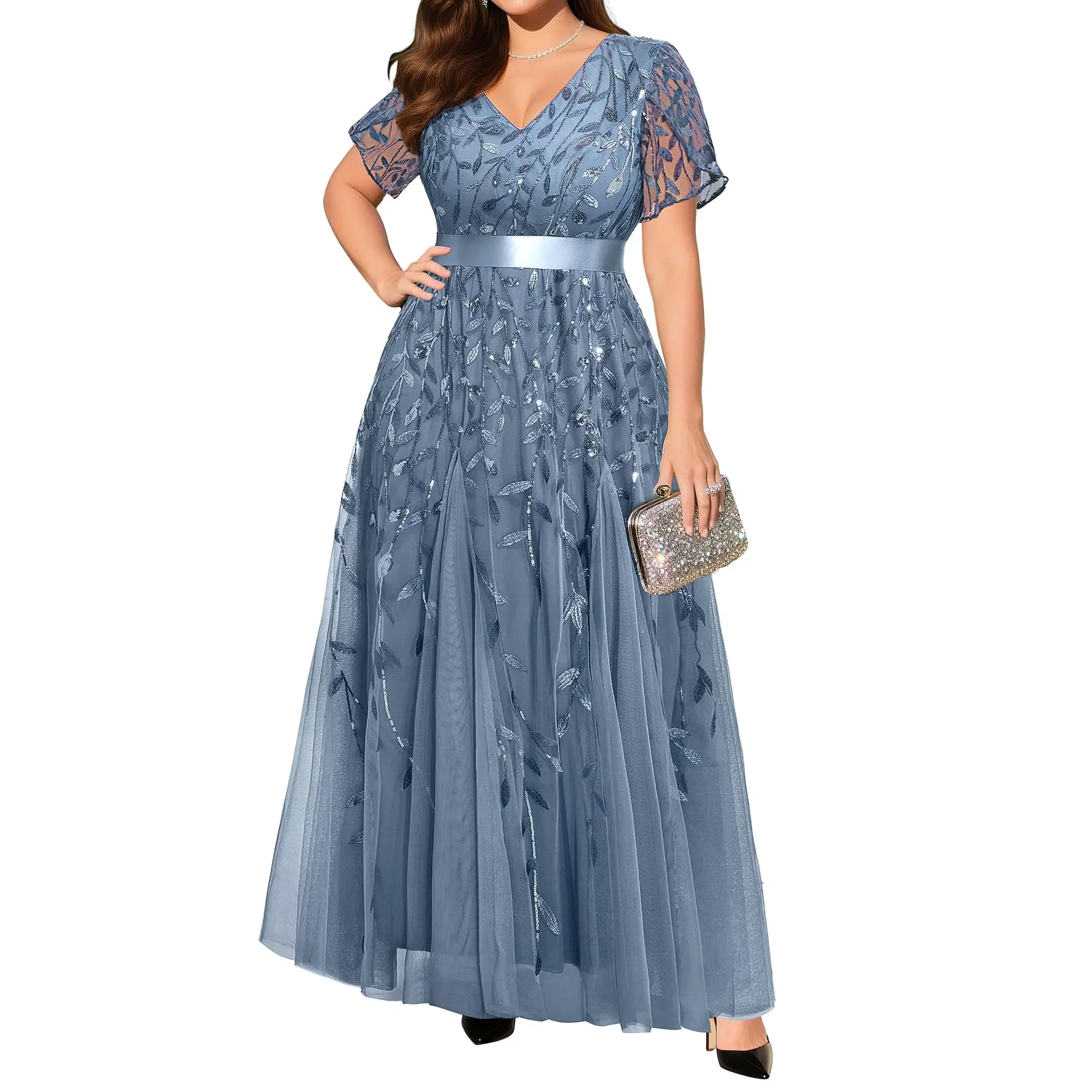 Pinup Fashion Women's Plus Size Pinup Formal Embellished Dress - Sequin Embroidery, V-Neck, Short Sleeve, Empire Waist, Evening Gown for Bachelorette Party, Anniversary, Summervibes SwimWeek, Dresses For Party, Embellished Prom Gown