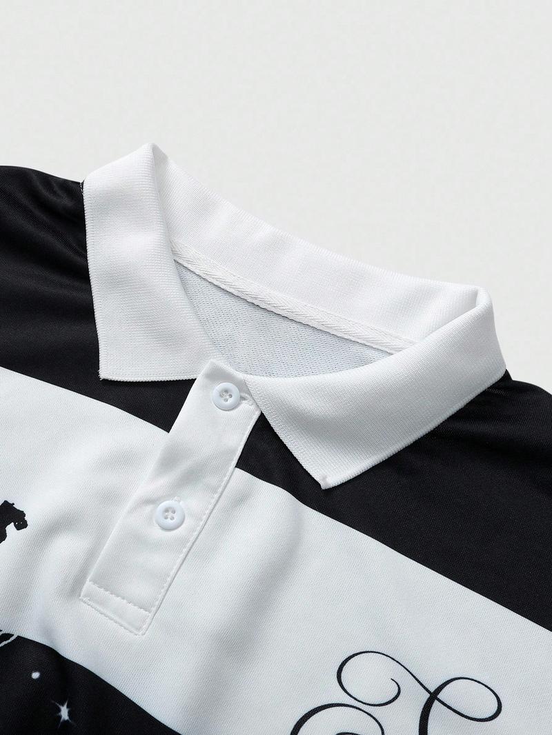 Men's Loose Fit Colorblock Collar Long Sleeve Knitted Polo Shirt, Casual Street Style, Fashionable Outdoor Sports Wear, All Seasons