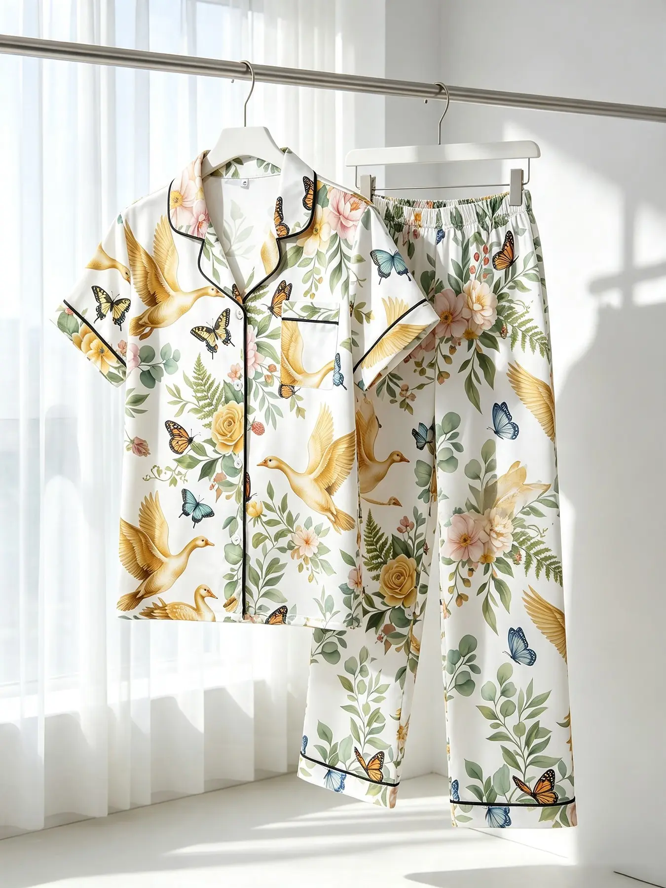 Women's 2-Piece Button Pajama Set, Vintage Bird Butterfly Floral Print, Black Trim, Front Pocket, Elastic Waist, All Season Wear, Cozy Pastoral Home Loungewear