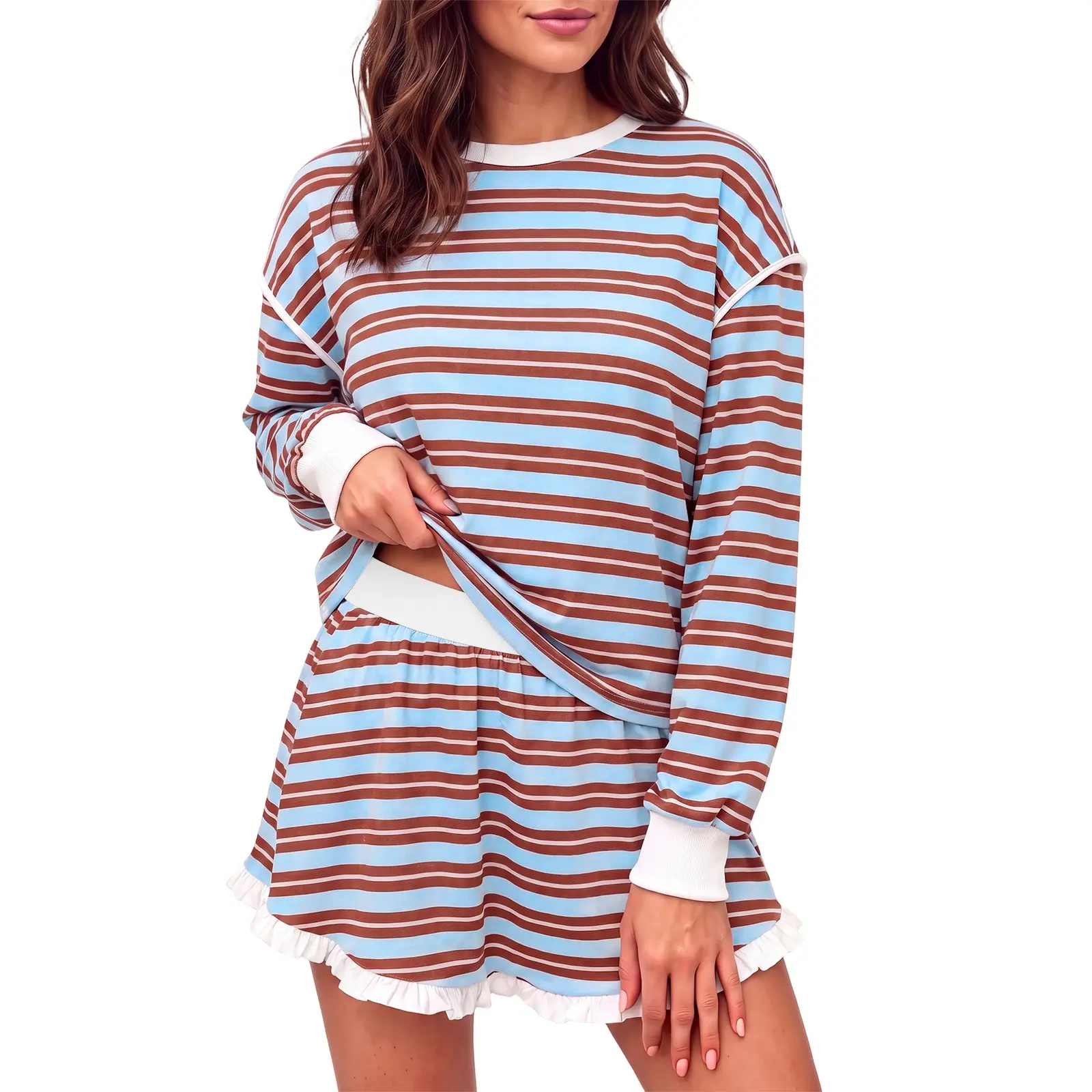 Aoysky Women's 2-Piece Gingham & Leopard Printed Outfit Set - Long Sleeve Crew Neck Cute Fabric Sweatshirt + Ruffle Mini Skirt Stretch Loungewear for Fall Daily Casual Style