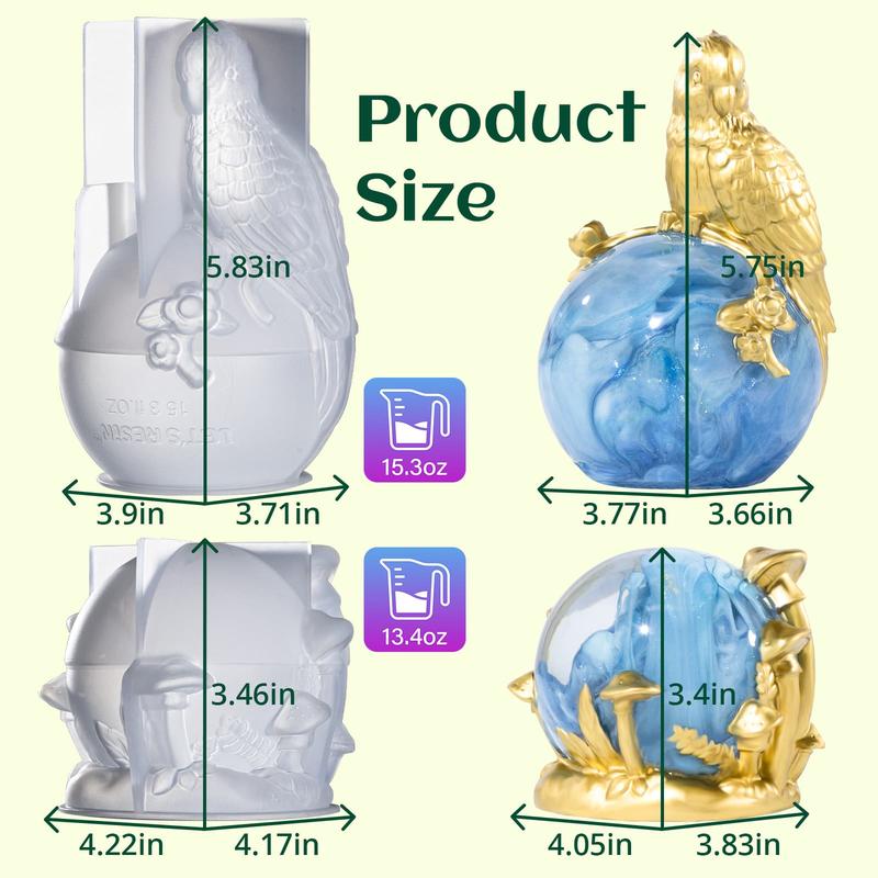 Crystal Ball Resin Molds, Crystal Orb Decorative Statue Silicone Molds with Mushroom Stand and Bird Figurine,3D Sphere Epoxy Resin Molds for DIY Tabletop Decor, Housewarming Gifts - LET’S Resin