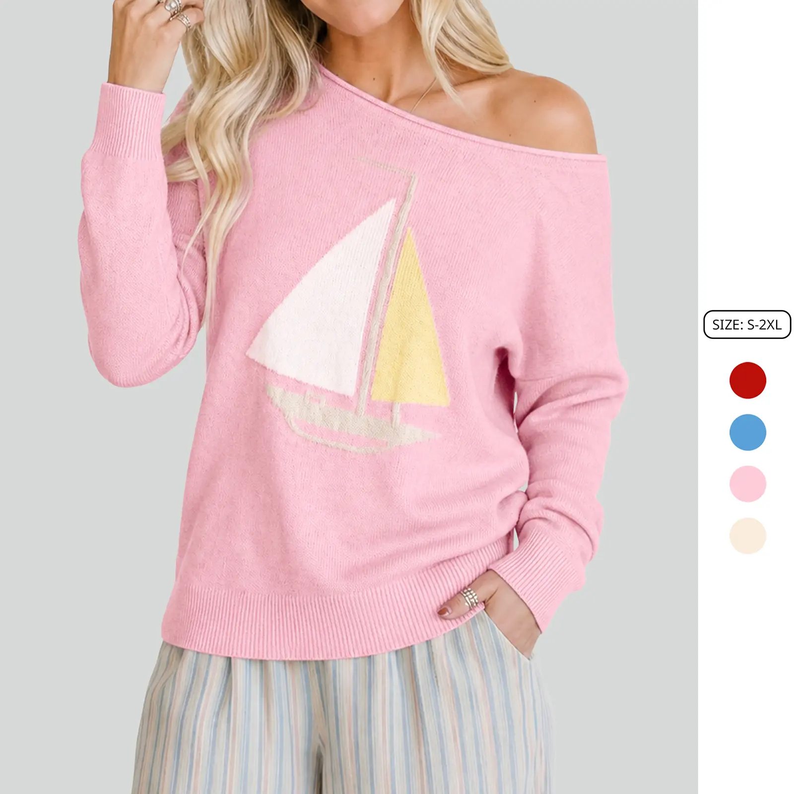 Imily Bela Vintage Sailboat Graphic Casual Knit Sweater Women Soft Cozy Oversized Off Shoulder Long Sleeve Pullover Loose Fit