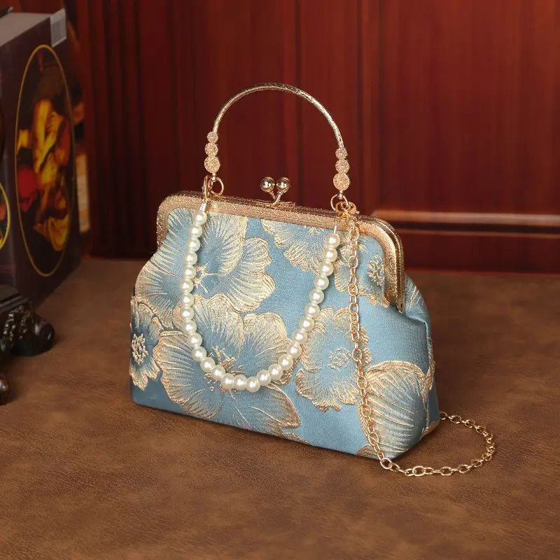 Women's New Chinese Qipao Clasp Evening Handbag, Viral Pearl Kiss Lock Purse, Sophisticated Multiway Carry Bag with Crossbody Strap, Classic Shape, Ideal for Banquets,Formal Events