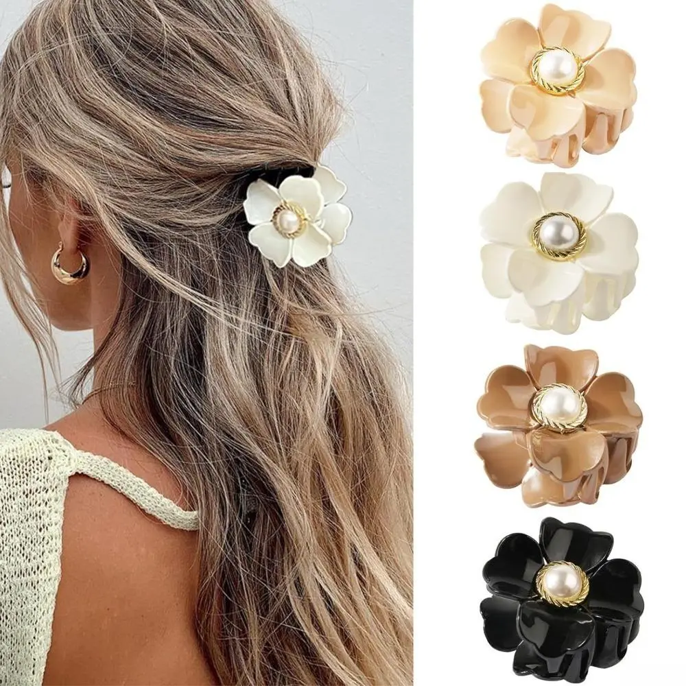 Plastic Round Floral Motif Flower Pearl Hair Claw Clip, Elegant Champagne Pearl Accessory for Dating, Vintage Outfits, Half-Up & Updo Hairstyles