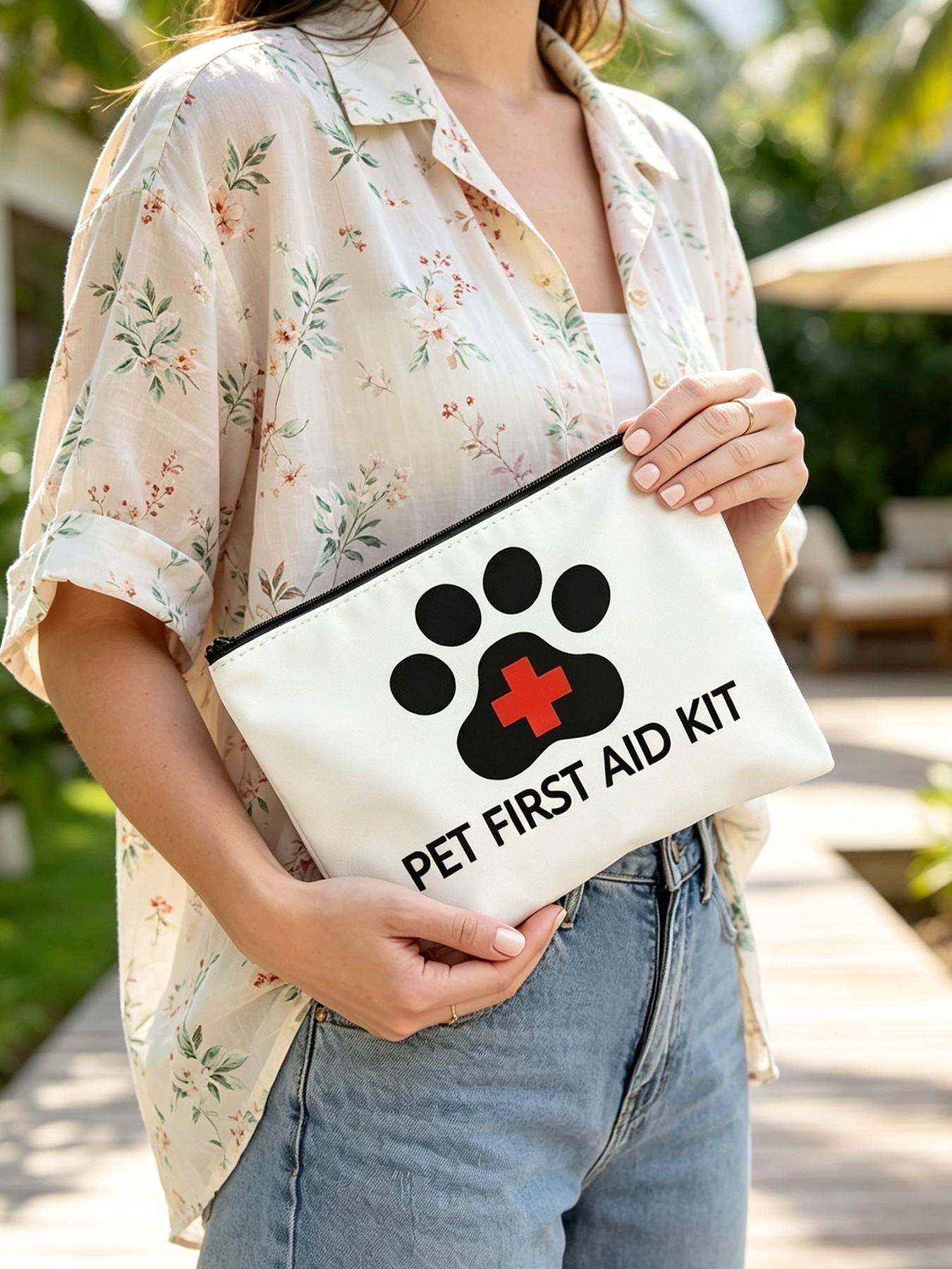 Pet First Aid Kit Bag, Paw Print Cross Makeup Pouch, Portable Zipper Emergency Bag, Essential for Cat Dog Owners, Pet Travel Must-Have