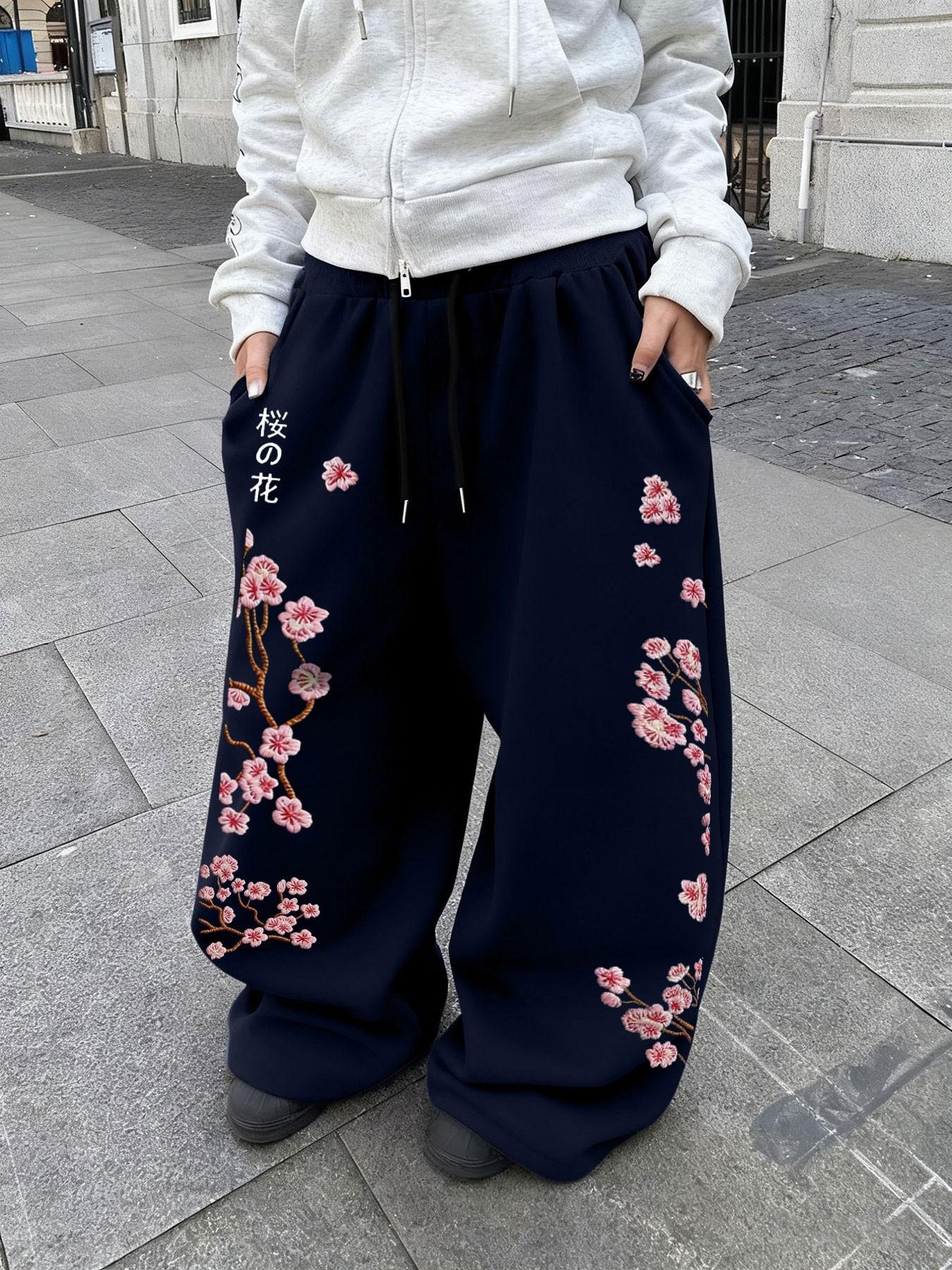 Unisex Waist Drawstring Straight Leg Loose Pants, Floral Print, Casual Comfortable Daily Wear, All Seasons, Sporty & Home Clothing