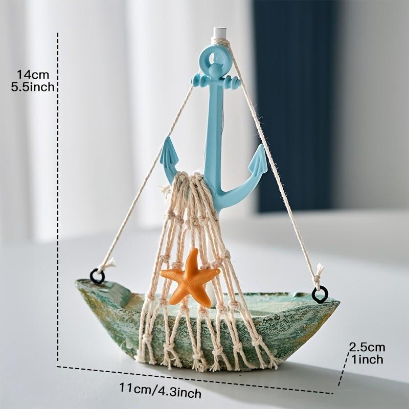 Handmade Mediterranean Style Wooden Ship Decorations Set, Includes Anchor Steering Wheel and Starfish, Blue Design, Nautical Theme Desk
