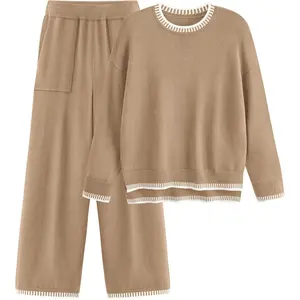 Women's 2 Piece Knit Sweater Outfit Casual Long Sleeve Pullover Wide Leg Pants Tracksuit Loungewear Set