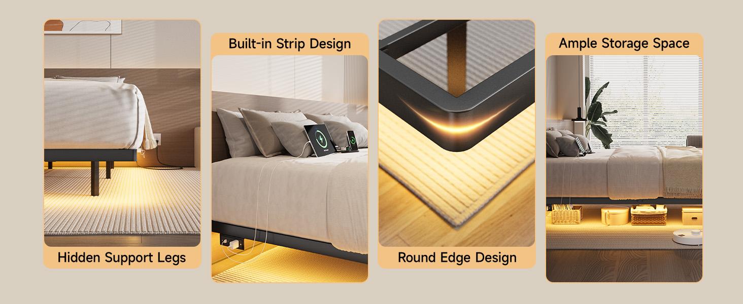 【SPOTLIGHT DAY】ONBRILL Floating Bed Frame with LED Lights Metal Slats Underbed Storage Space No Box Spring, Bedroom Furniture 【SPOTLIGHT DAY】ONBRILL Floating Bed Frame with LED Lights Metal Slats Underbed Storage Space No Box Spring, Bedroom Furniture