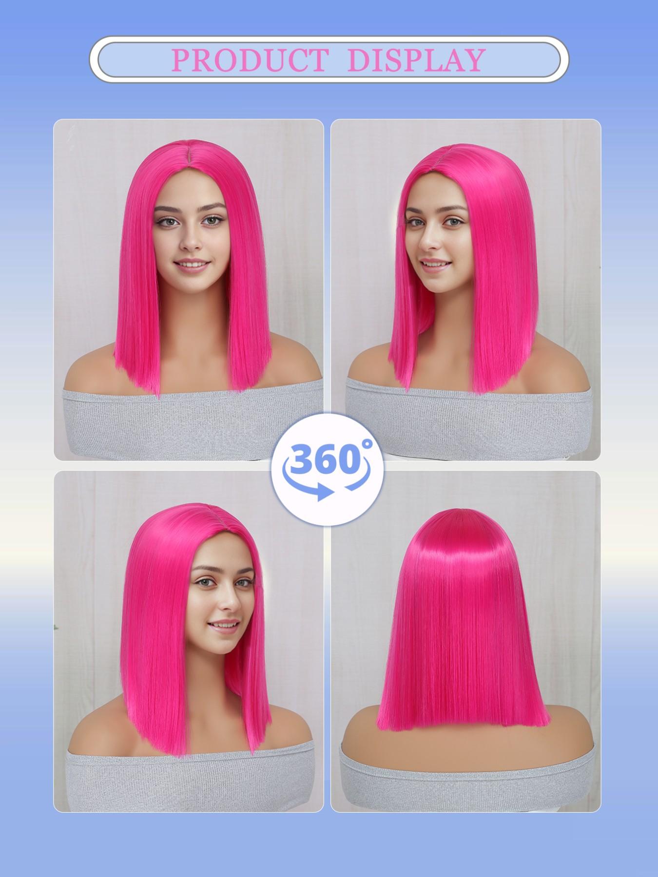 Cosplay Wig Hot pink Green Pink Black 12inch  Synthetic Hair Wig high temperature short Hair for women Middle part straight hair wig holiday Daily Fashion Style Synthetic Hair wig Woven hair wig for Halloween and Christmas