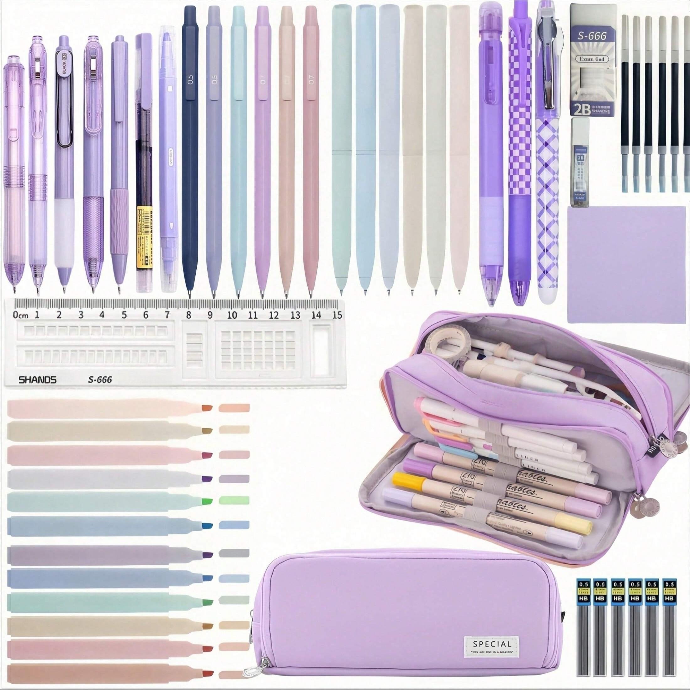 50pcs Morandi Stationery Set, Back to School, Large Capacity Pencil Case, Gel Pens, Mechanical Pencils, Highlighters, Sticky Notes, Eraser, Ruler