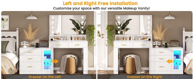 Sikaic LED Makeup Vanity Dresser With Mirror And Charging Station & 5 Drawers Cabinet Storage Furniture Bedroom Aesthetic Modern