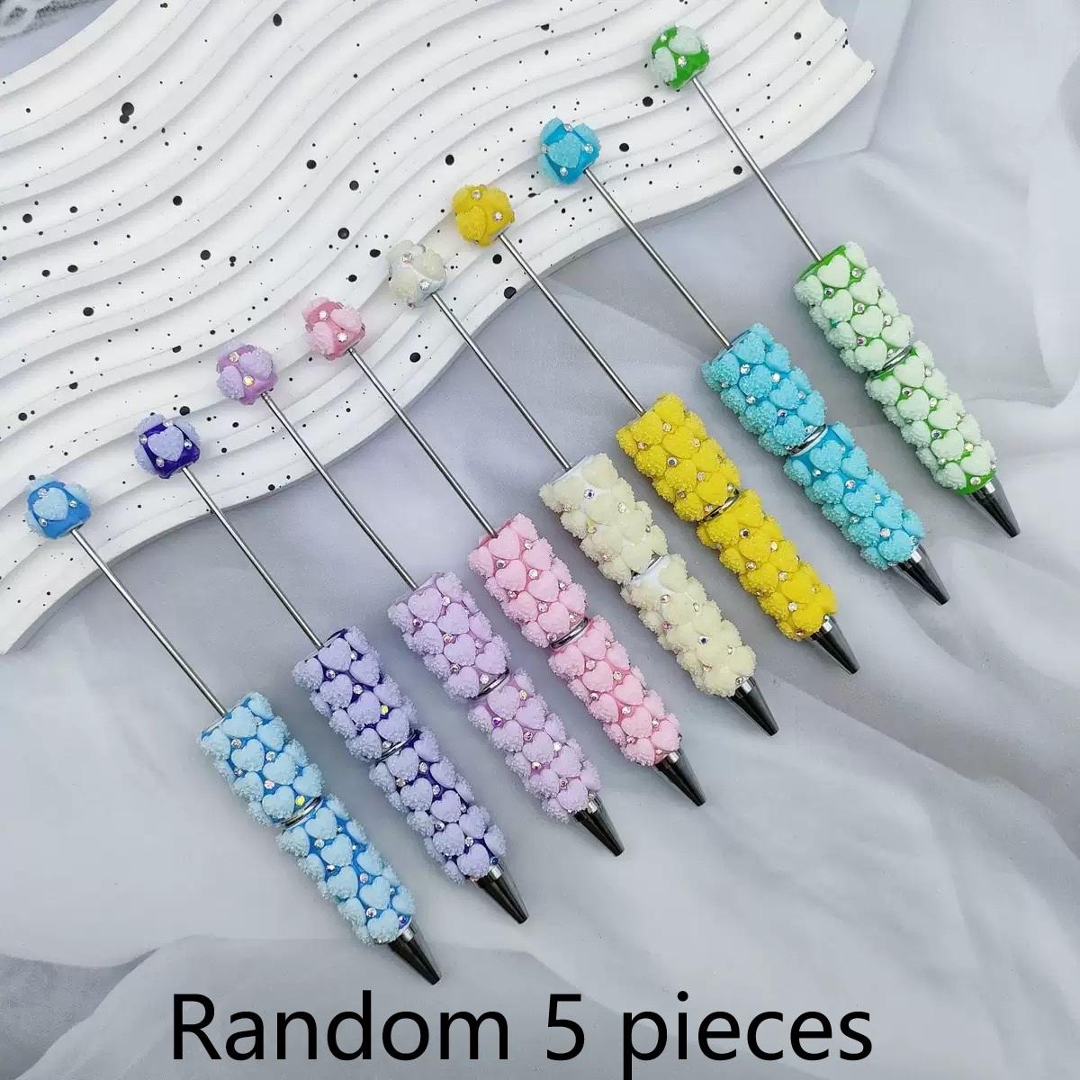 5pcs Heart Design Full Coverage High Aesthetic DIY Beaded Pens, Beadable Pens, Pearl-Inserting Round Ballpoint Pens, Beautiful Writing Tool Set, Stationery Office Supplies