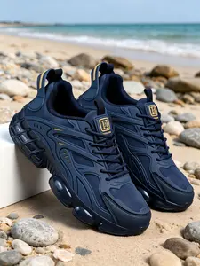 Men's Casual Athletic Shoes, Matte Color Mech Style, Gold Line Luxury Accent, Anti-Slip Shock Absorption Sole, Versatile Trendy Dad Sneakers
