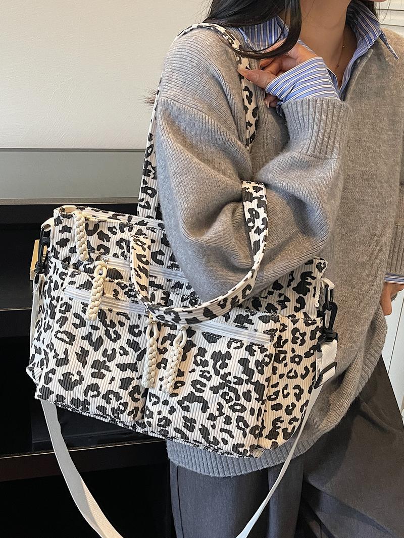 Retro leopard print fashionable shoulder bag, niche minimalist casual shoulder bag, personalized lazy leopard print multi pocket design, practical clown, suitable for students' daily commuting and shopping, Crossbody Tote Bag