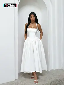 Women's A-Line Dress with Halter Neckline, Fitted Waist Design, Plain Pattern, Fashion Style, Perfect for Daily Wear & Special Occasions