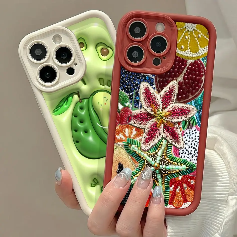 Bohemian Bead Embroidery Collage Avocado Cartoon Print Back Cover For Samsung Galaxy S26 S25 S24 S23 S22 S21 Series Soft Phone Case For Samsung A54 A53 A52 A36 A35 A34 A33 A17 A16 A15 A14 A13 Note 20 Ultra Liquid Silicone Raised Camera Protection Funda