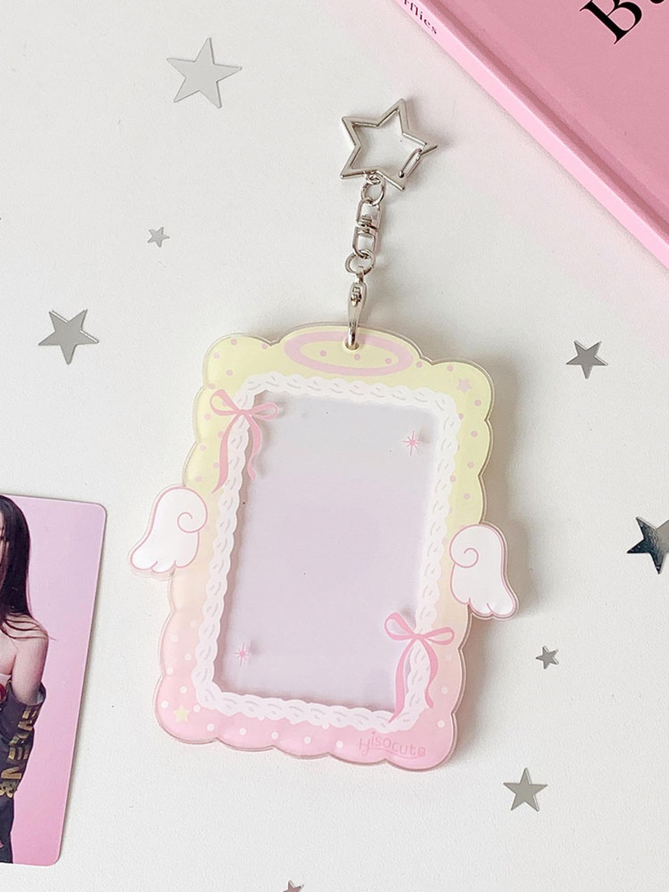 Sweet Girl 3 Inch Angel Wings Keychain Card Holder, Student Hollow Out Visible Small Card Display Case, Idol Fan Accessory, Id Holders For Badges, Id Badge Holder, Badge Accessories