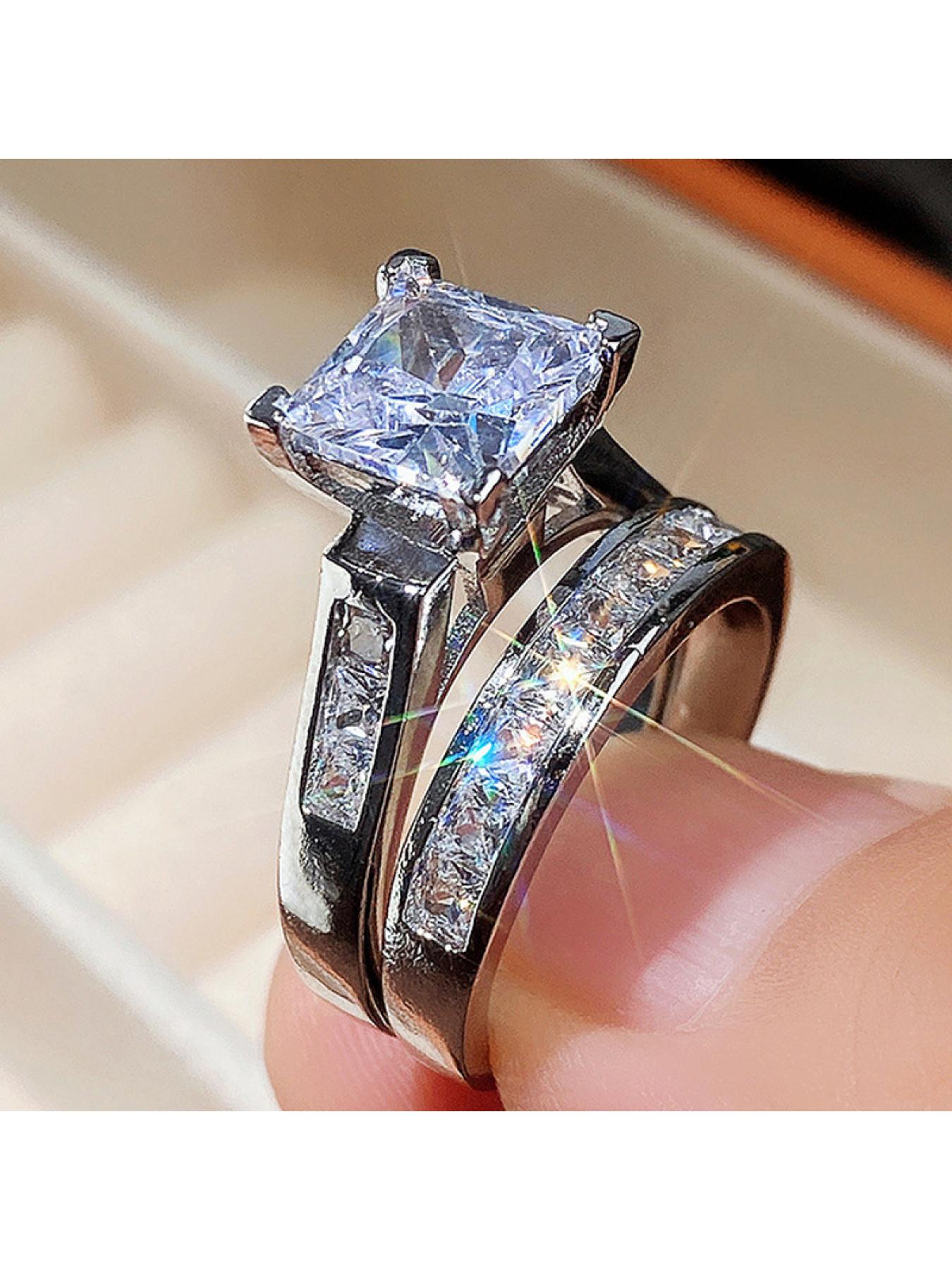 Princess round diamond couple ring - Engagement, proposal and wedding ring. Anniversary, birthday gift. Lightweight luxury full-diamond ring. Fashionable and versatile ring. High-end accessory.