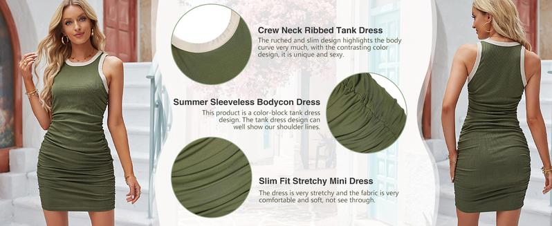ZAFUL Women 2024 Summer Sleeveless Bodycon Dress Crew Neck Ribbed Tank Slim Fit Ruched Stretchy Party Club Mini Dress