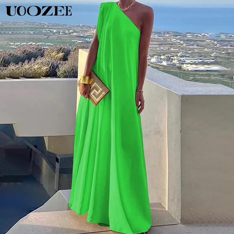 UOOZEE Women's Casual Loose Asymmetric Solid Color Split-Joint One-Shoulder Maxi Dresses, Party, Holiday Elegant Style, Chiffon Fabric, birthday outfit One Size Up Recommended for C - Cup and Above