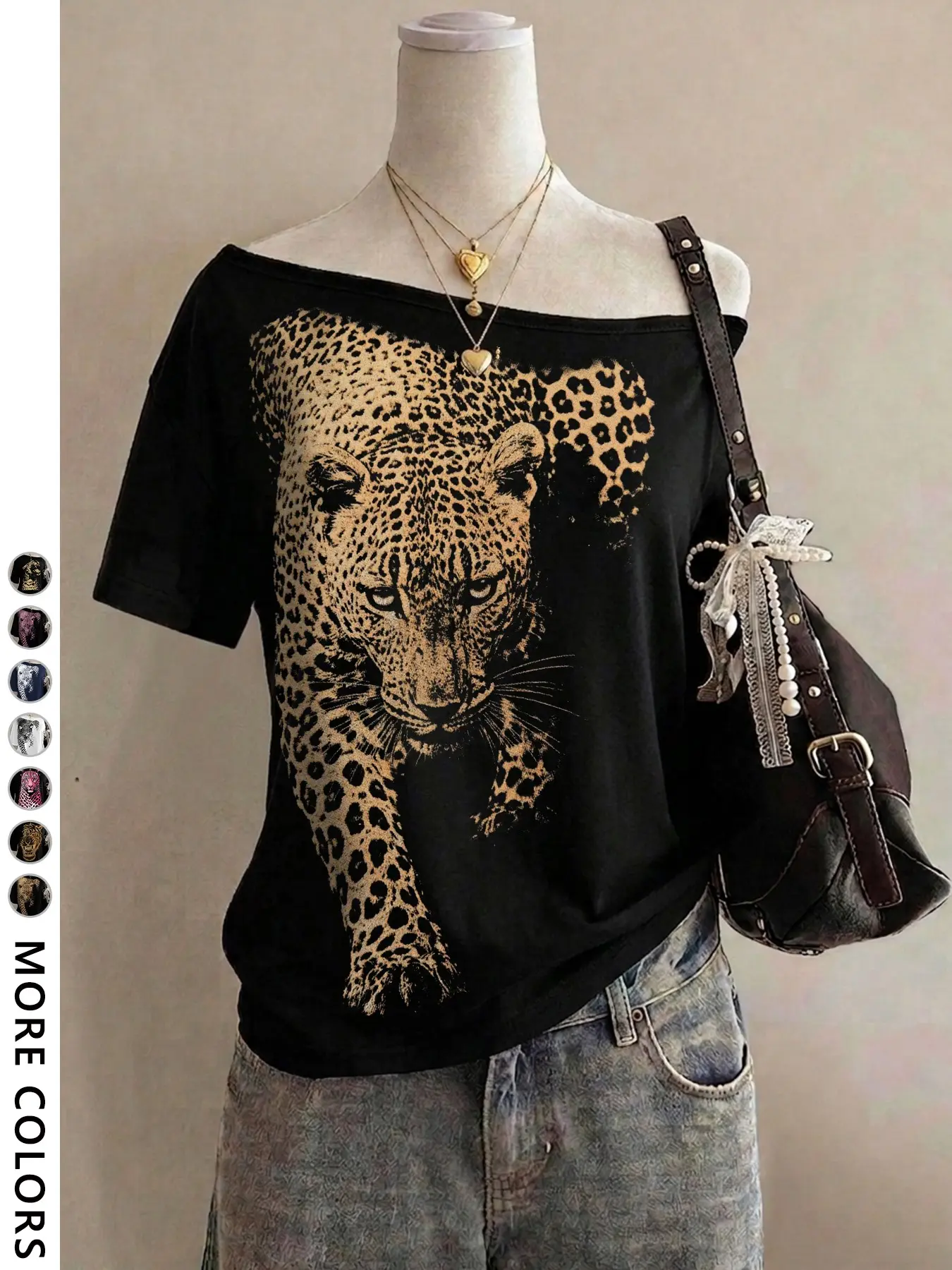 Women's Y2K Fashion Streetwear Casual Loose Fit Short Sleeve Off-Shoulder Top T-Shirt, Summer Leopard Print Design for Outing and Shopping