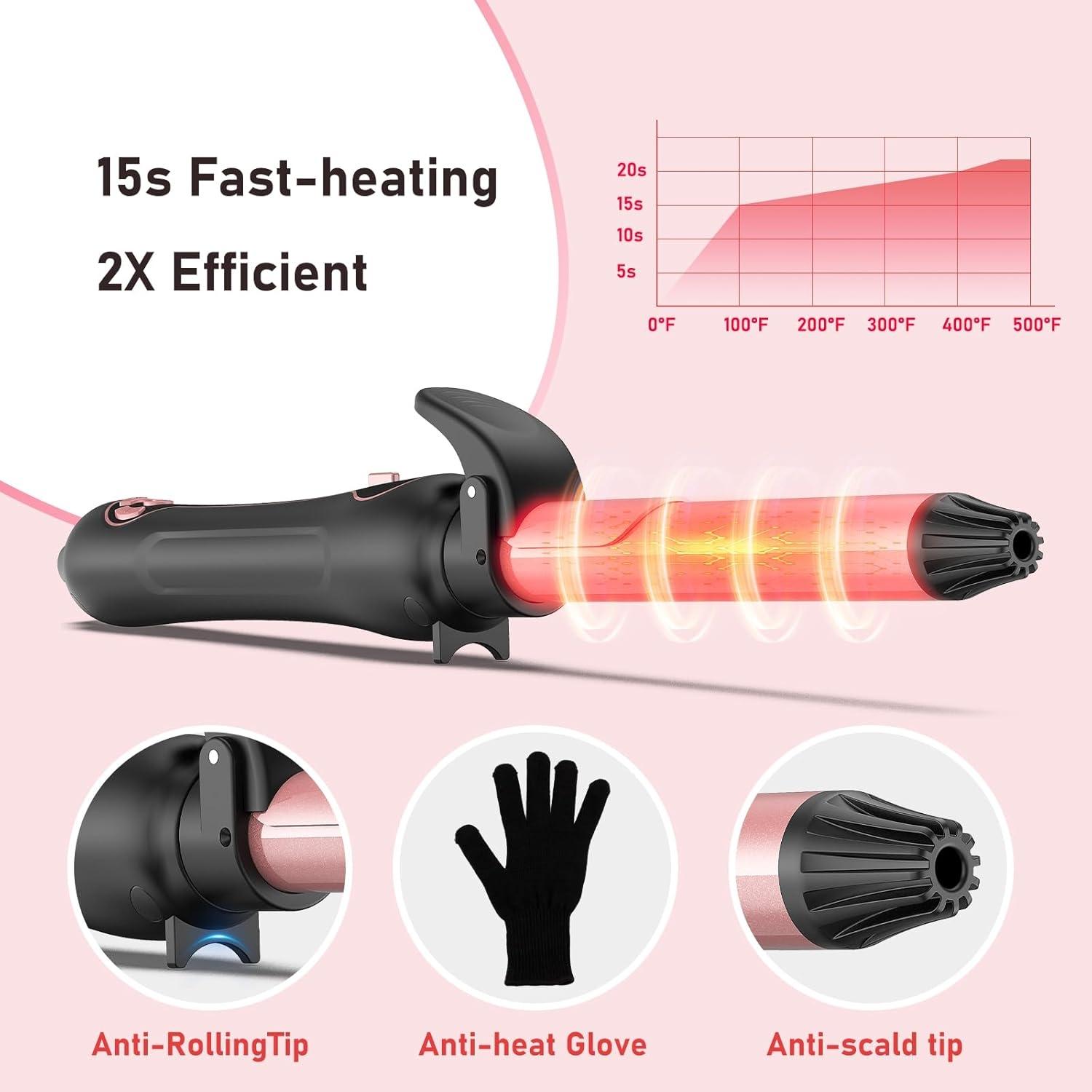 Rotating Curling Iron - An automatic curling iron with dual voltage that is suitable for all hair types. It's a fast and effortless auto curling wand which heats up quickly and features an LCD display with a temperature range from 250°F to 450°F
