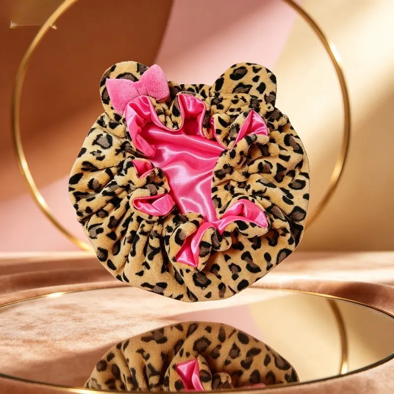 Women's Hooded Teddy Sleep Bonnet - Pink Leopard Print, Water-Resistant Nightcap for Curly Hair Protection