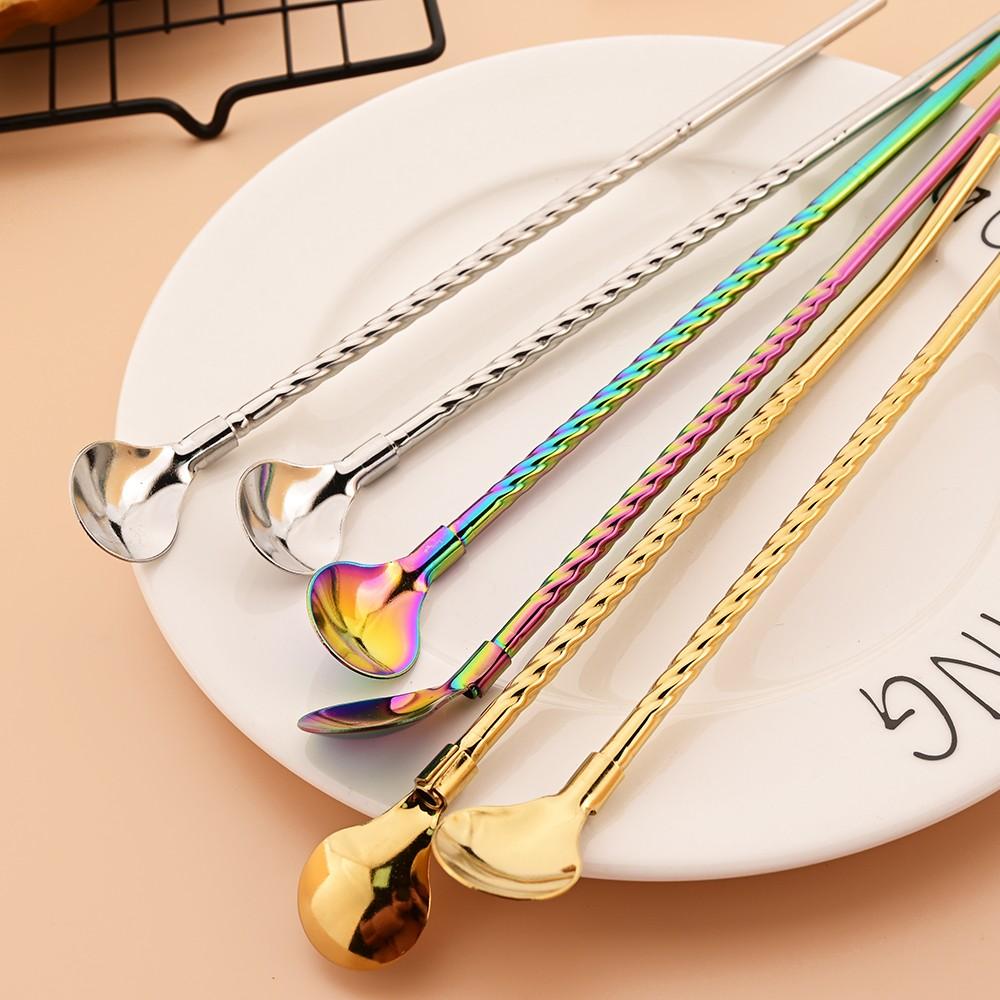 9-Piece Reusable Stainless Steel Straw Spoon Cutlery Set, Ideal for Bar Parties, Durable and Eco-Friendly Dining Accessories
