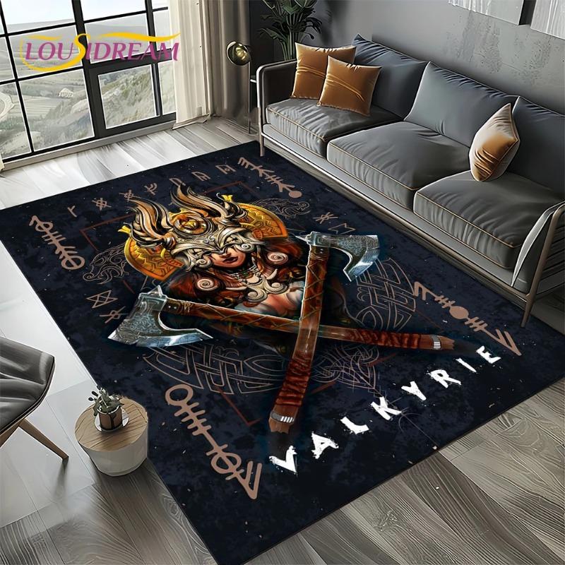 Valkyrie Viking Axe Flannel Area Rug - Norse Rune Mythology Print Soft Mat for Living Room & Game Room, Non-Slip Warrior Home Decor #ValkyrieRug #VikingAxeMat #NorseMythologyDecor #RuneCarpet #NonSlipFlannelRug