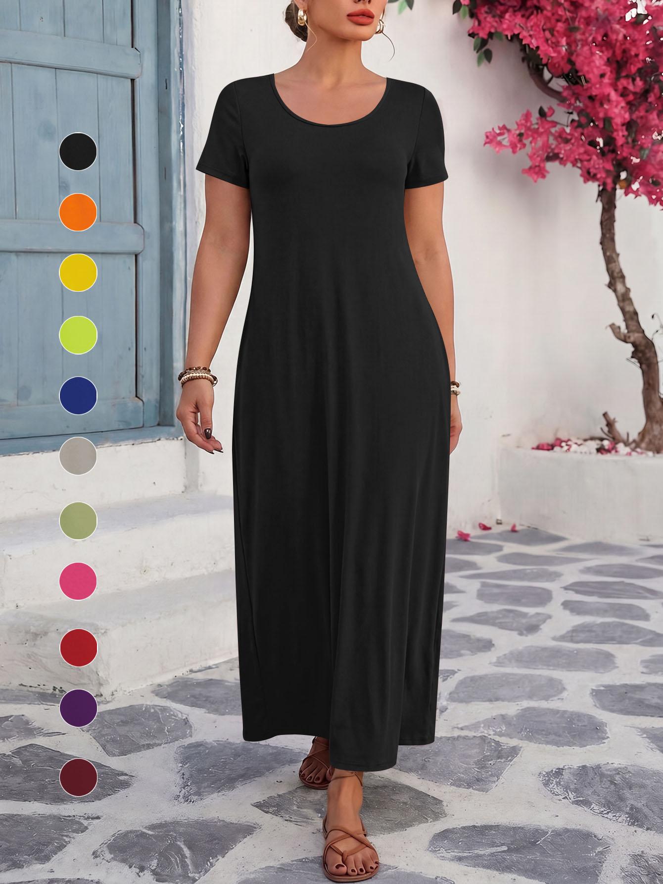 ✨ Plus Size Women's Solid Minimalist Short Sleeve Round Neck Dress, Loose Straight Long Fat Hiding Casual Maxi Dress, Casual Wear