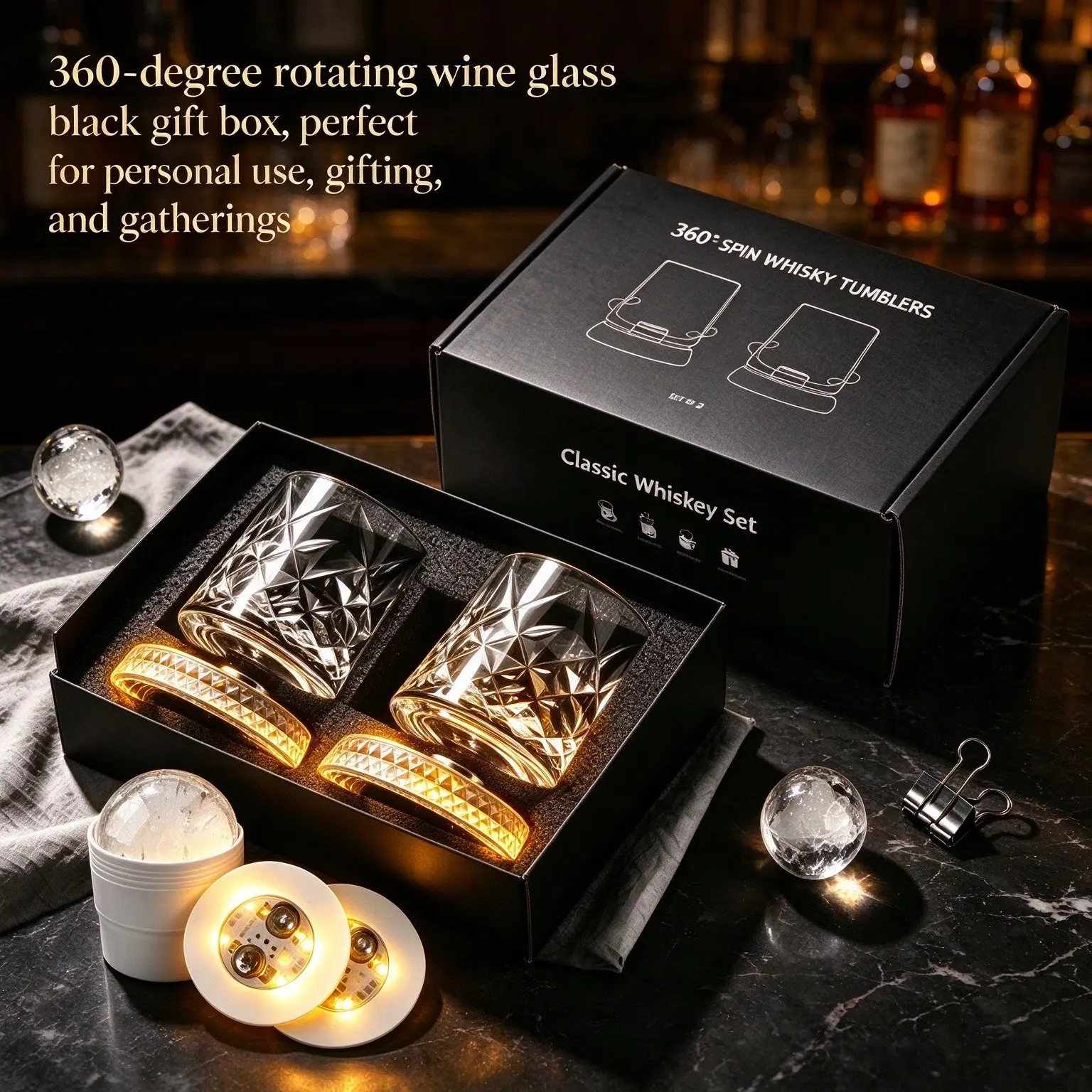 Stylish Luxury Lighted Spinning Pattern Whiskey Glass Set, 2/4 Rotating Tumblers, 2/4 Ice Ball Molds, Gift Box, Unique Gift for Men, Husband, Friends & Elders, Gifting