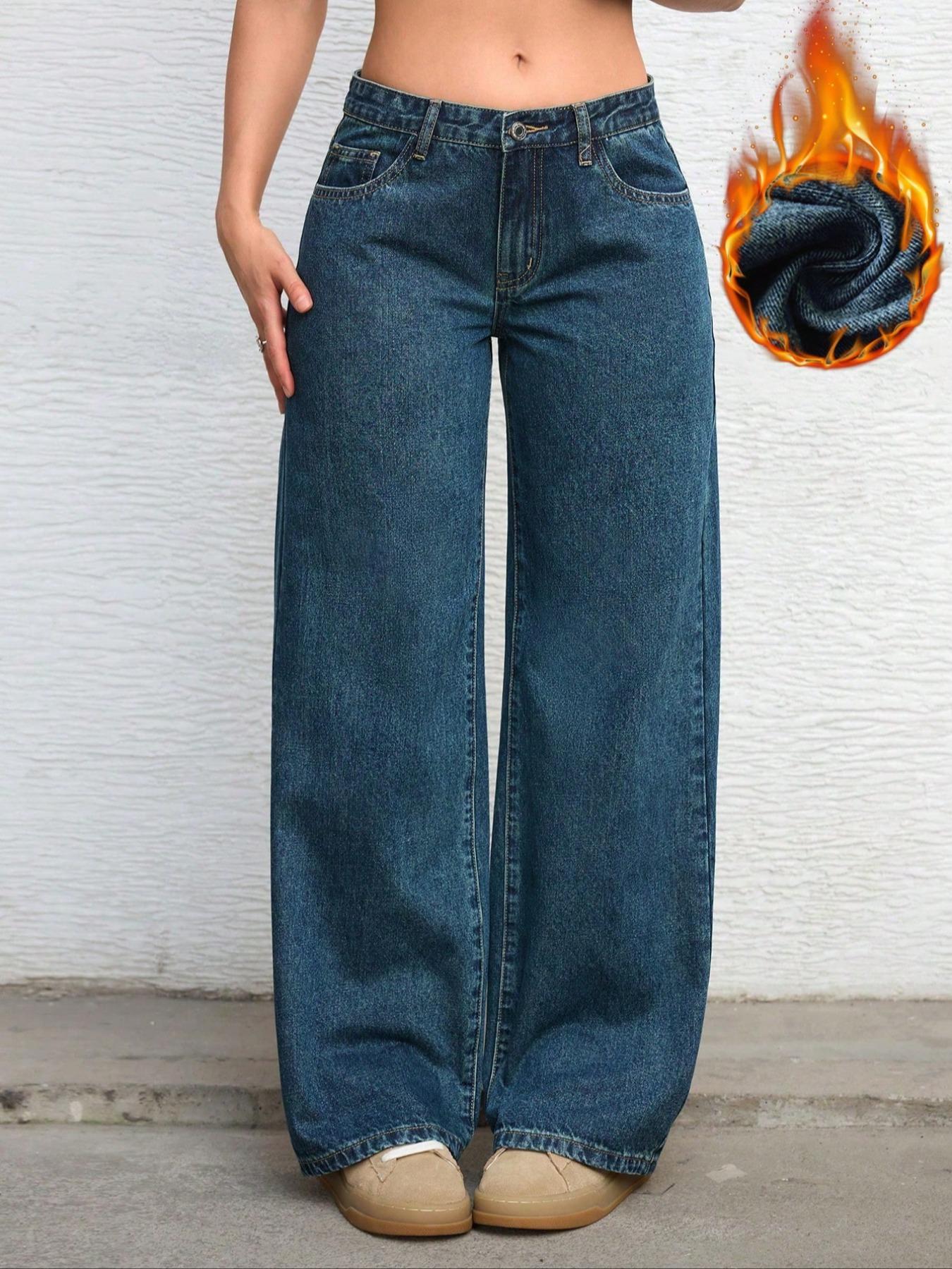 Women's Mid-Waist Wide Leg Straight Denim Jeans, Trendy Coffee Casual Fashion, Zipper Fly, Pockets, All Seasons, Pants