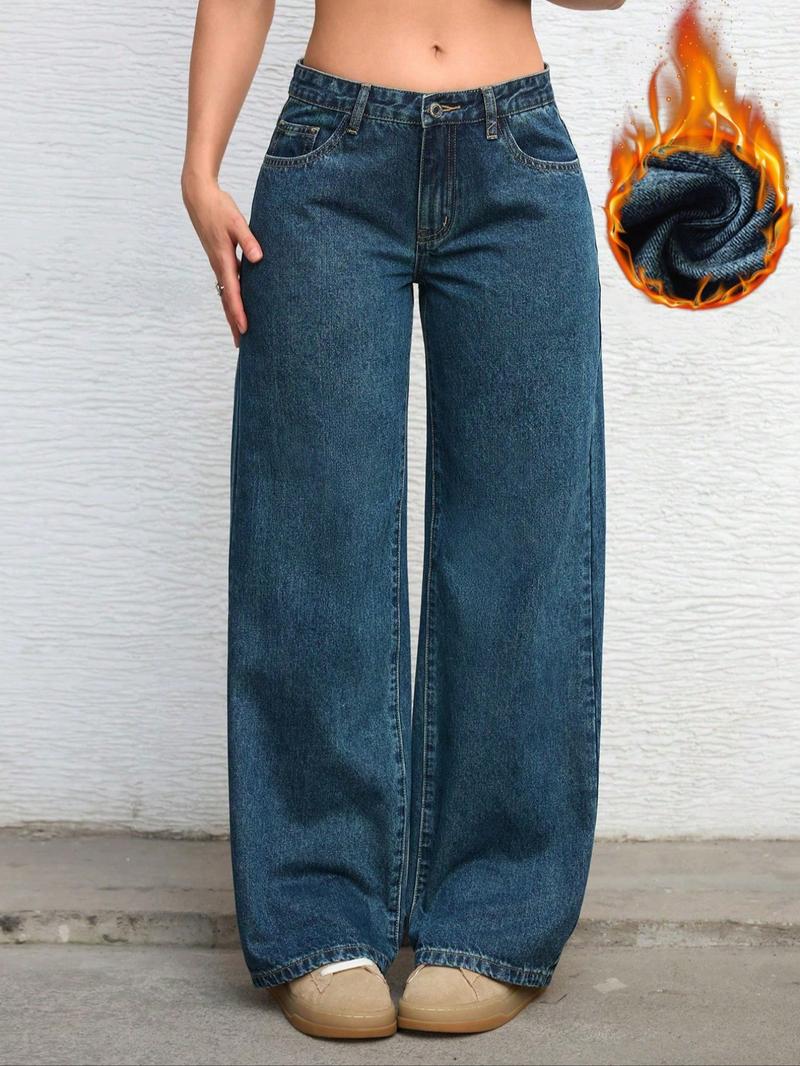 Women's Mid-Waist Wide Leg Straight Jeans, Trendy Coffee Casual Fashion, Zipper Fly, Pockets, All Seasons
