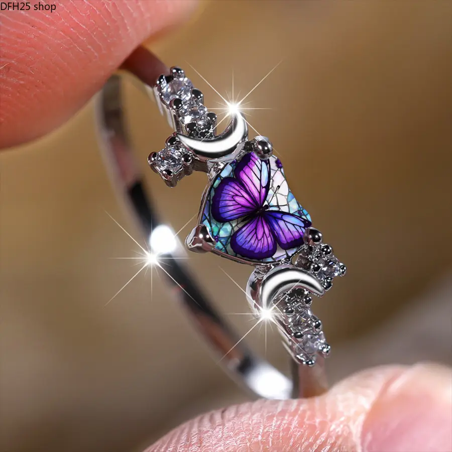 Butterfly Moon Ring for Women, Adjustable Silver Tone Band With Purple Stained Glass Butterfly and Crescent Moon Design, Dreamy Fashion Jewelry for Daily Wear, Parties and Special Occasions