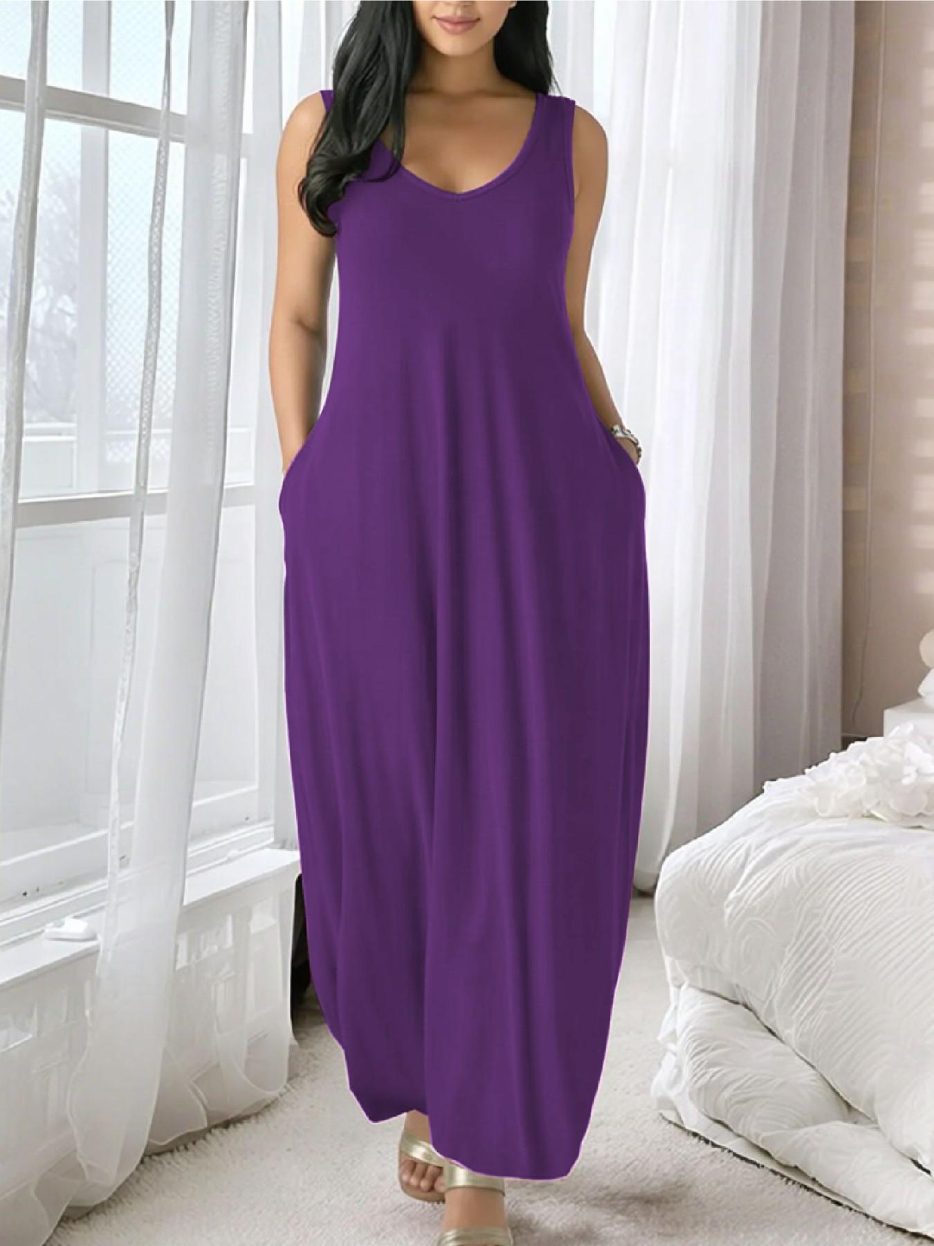 Summer Casual Sleeveless Backless Long Dress with Pockets, Loose Fit Comfortable Slimming Home Wear, Versatile Everyday