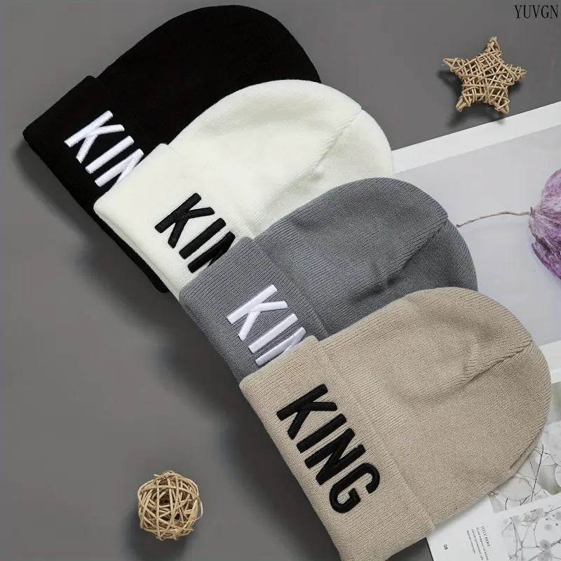 2‑Pack  KING Embroidered Knit Beanie, Cuffed Ribbed Warm Winter Skull Cap, Soft Street‑style Knitted Headwear for Men Women Daily Outdoor Wear