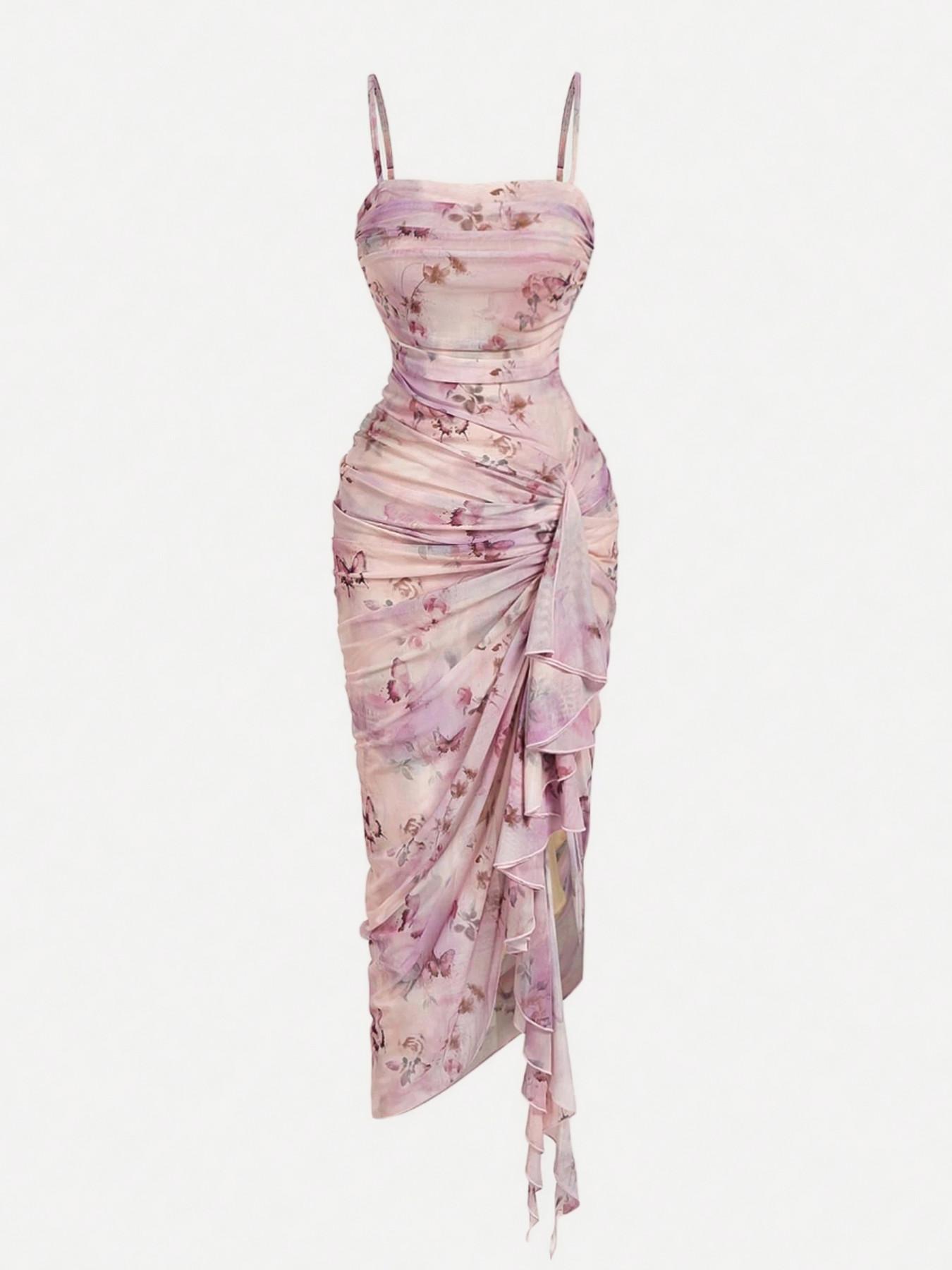 Women's Casual Vacation Floral Print Ruched Split Hem Asymmetrical Dress, Vintage Butterfly Print Elegant Ruffle Design Dress,Seductive,Party,Cocktail Dinner Prom Vacation Outfits