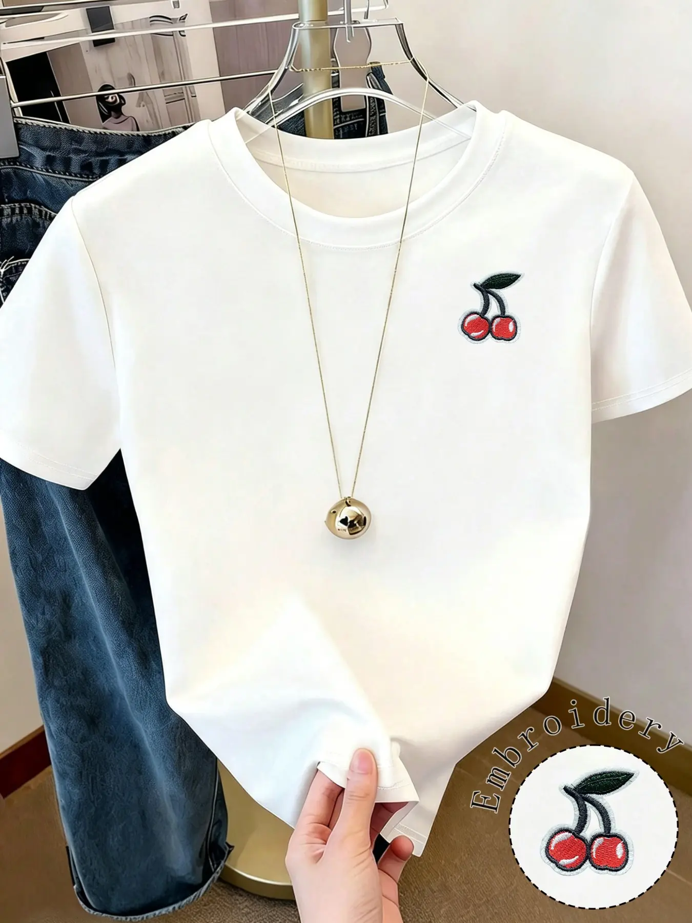 Women Crew Neck Short Sleeve Tops Classic Slim Fit Graphic Tees Cherry Embroidery Soft Cotton Blusas Para Mujer Fashion Casual Everyday Outfits Daily Shopping Dating Streetwear Trendy Clothes Basic Shirts for Female
