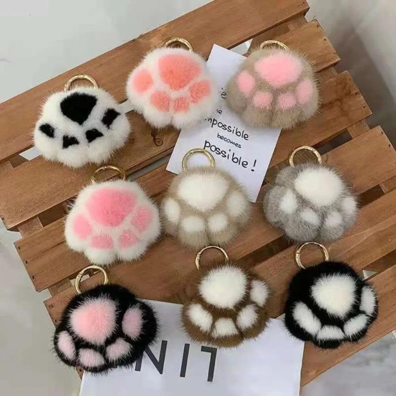 Cat Paw Pendant Keychain Couple Keychain Fluffy Faux Fur Keychain Charm Cute Soft Plush Toy Key Ring Backpack Car Key Pendant