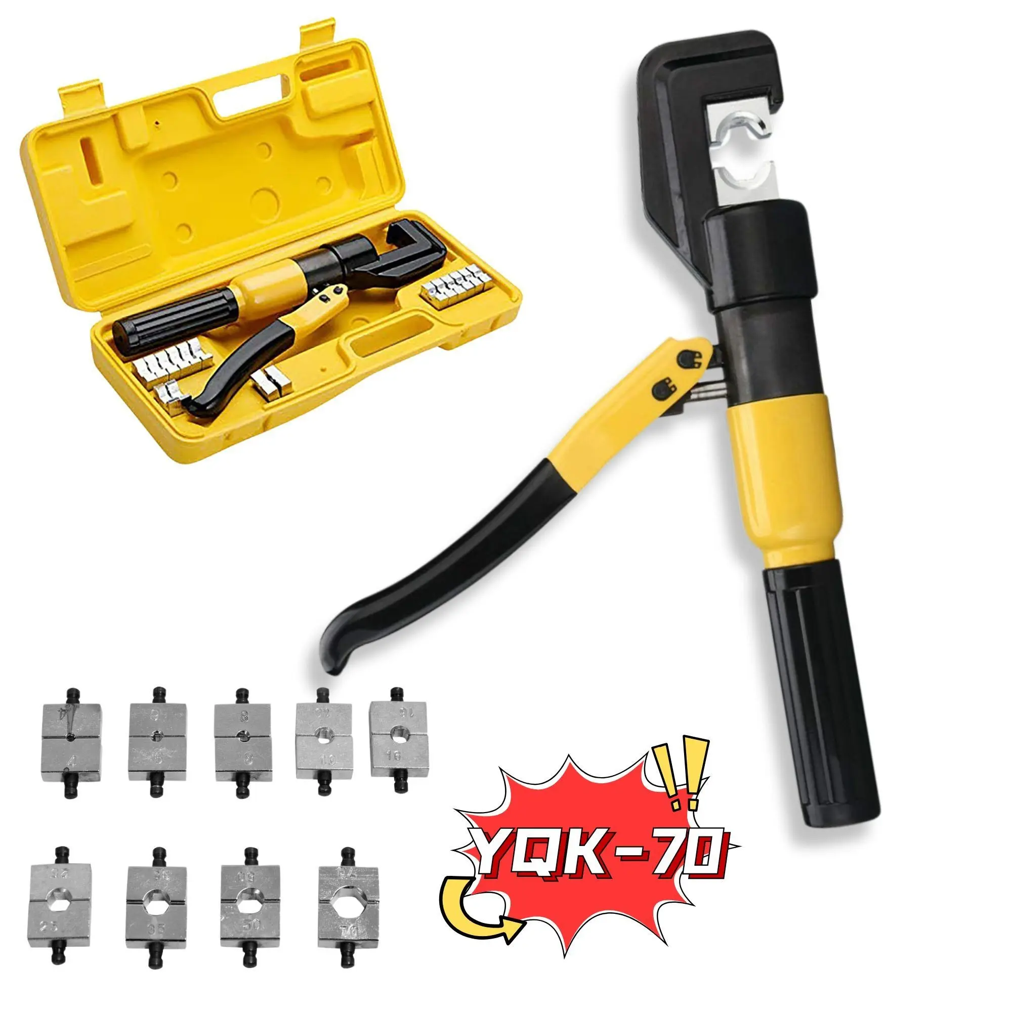 Hydraulic Crimping Tool Battery Cable Terminal Crimping Device, YQK-70 Yellow Manual Hydraulic Cable Crimping Tool Set With 6/4/10/16/25/35/50/70mm² Hex Crimping Dies, Plastic Tool Case